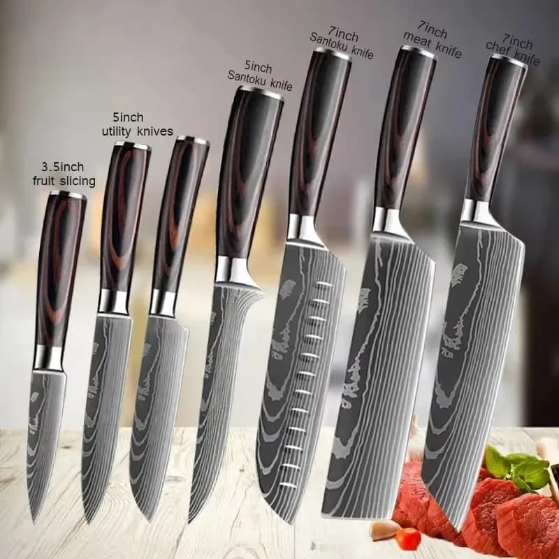 Damascus Chef's Knife Kitchen Knives Set Professional Boning Knife Meat Cleaver Utility Knife Japanese Santoku Knife with Cover - Image 1