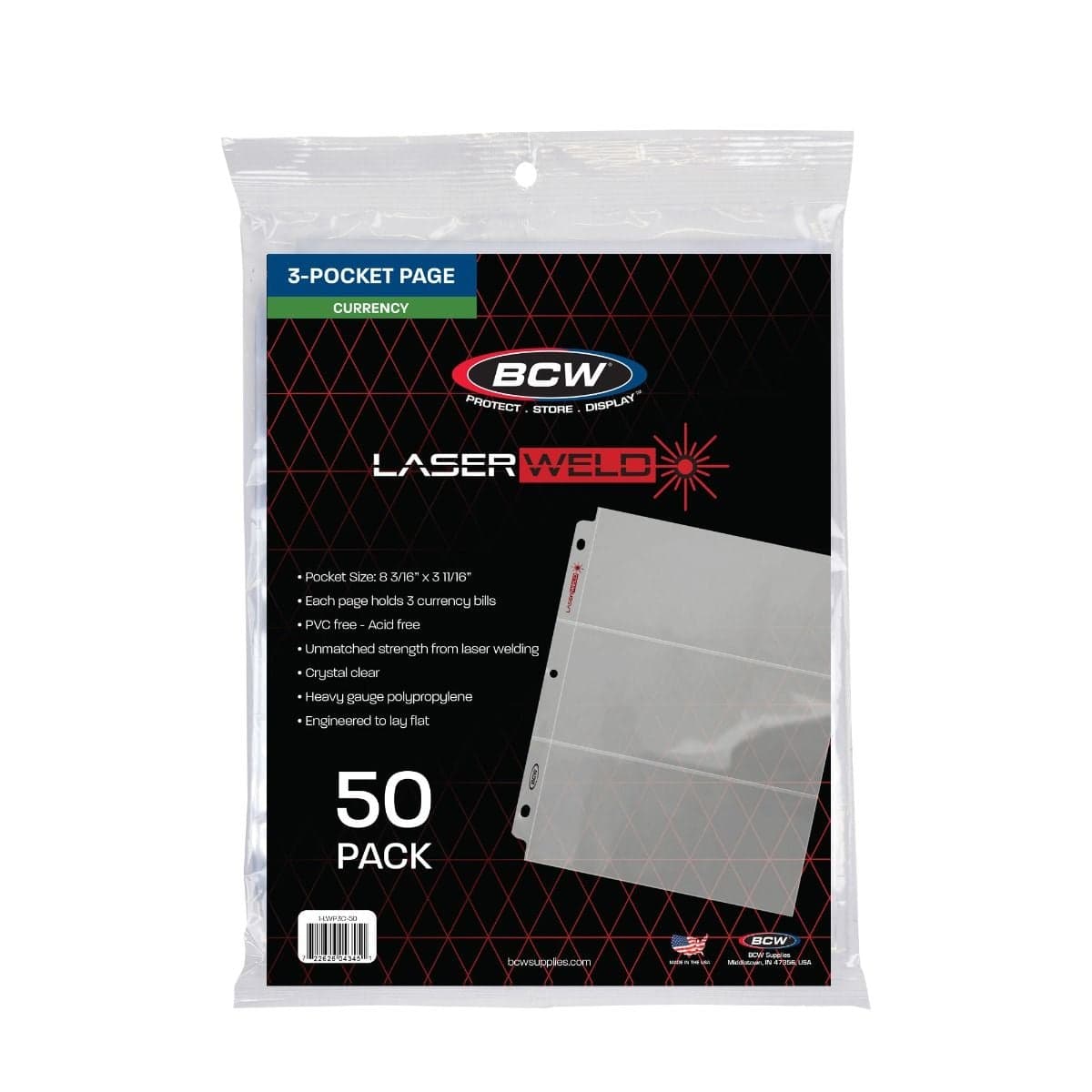 BCW Laserweld 3-Pocket currency pages. 50 count, single packaging