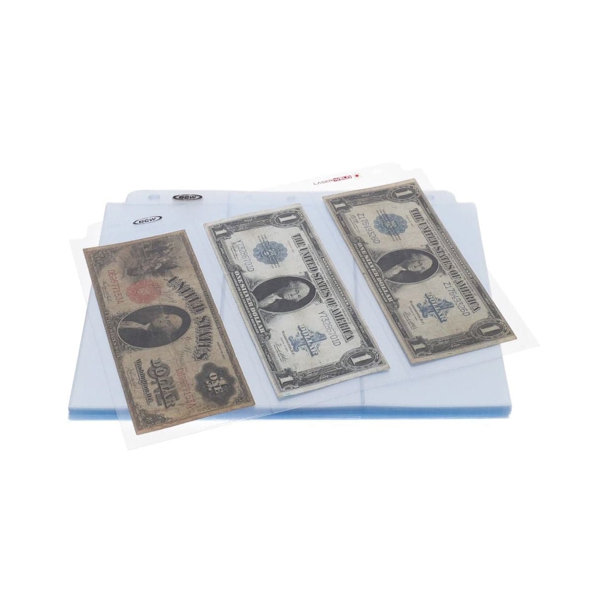 BCW Laserweld 3-Pocket currency pages with currency bills