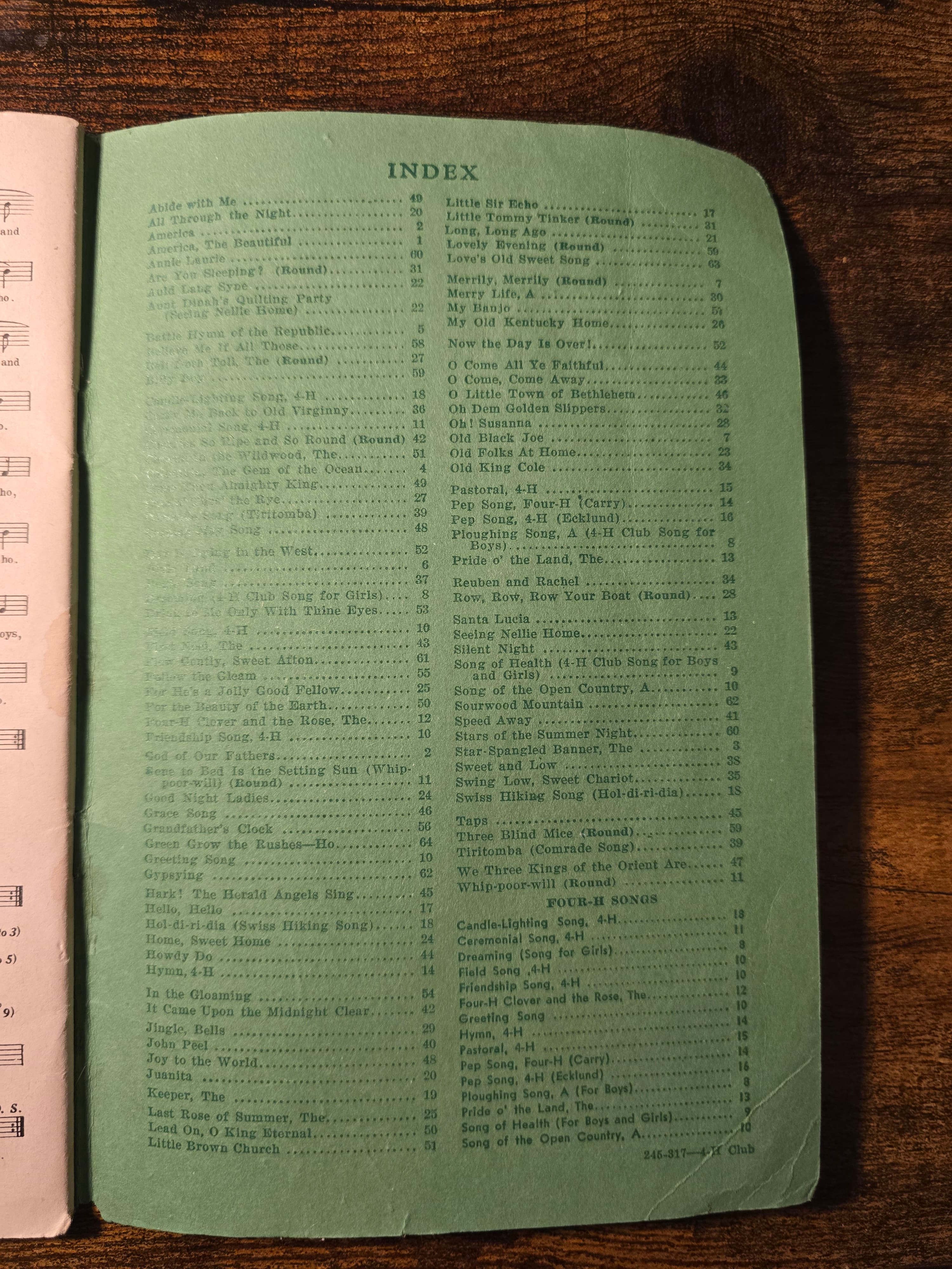 Song index inside the vintage National 4-H Club Song Book