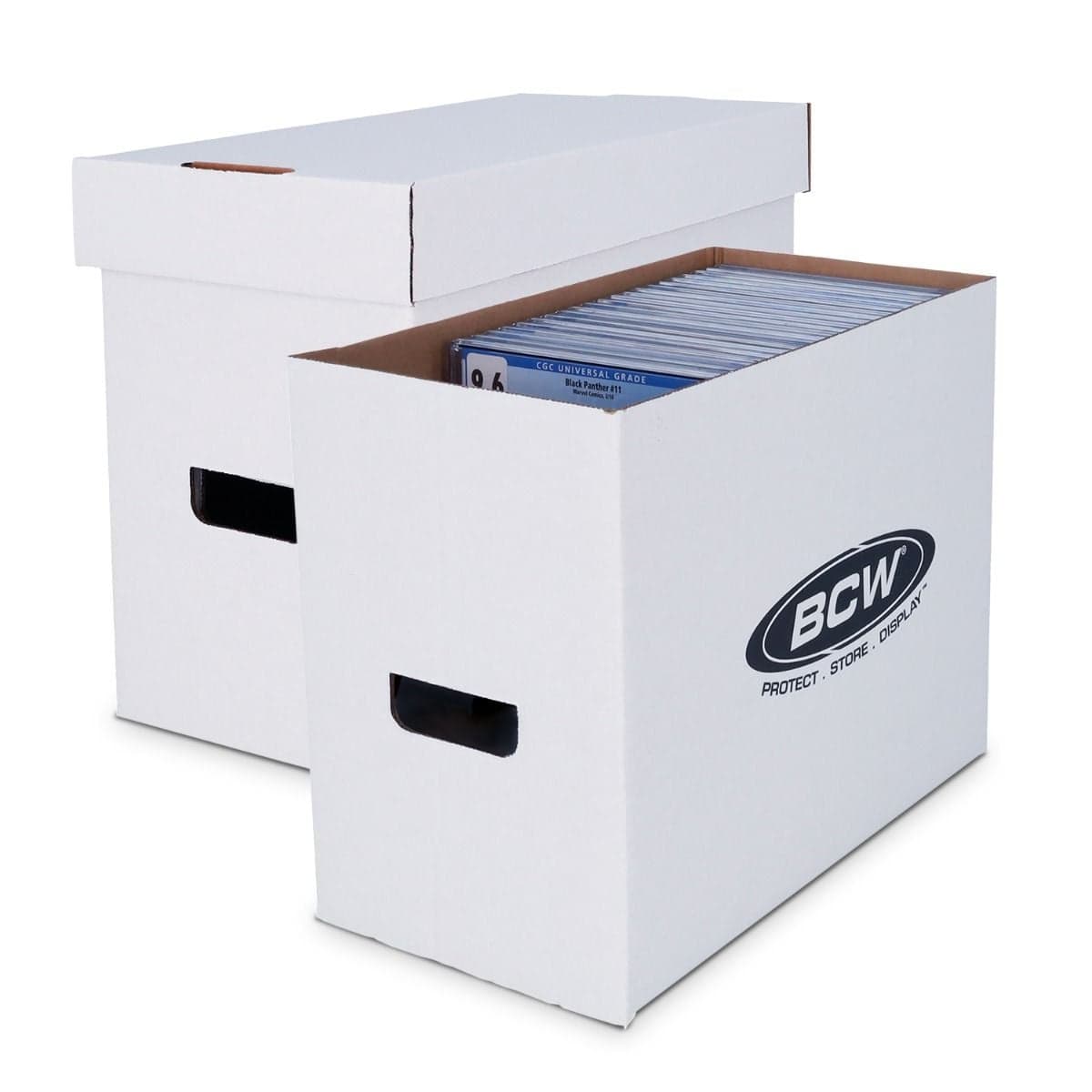 BCW Graded Comic Book Box, angled view with one closed in background with lid on, and one in foreground with lid removed, showcasing a collection of graded comics .