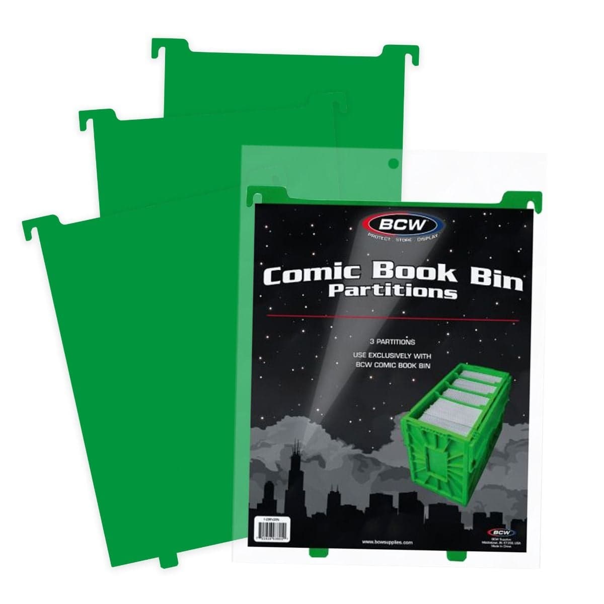 BCW Comic Book Bin Partitions - Green packaging in front of 3 fanned out partitions, 3 per pack