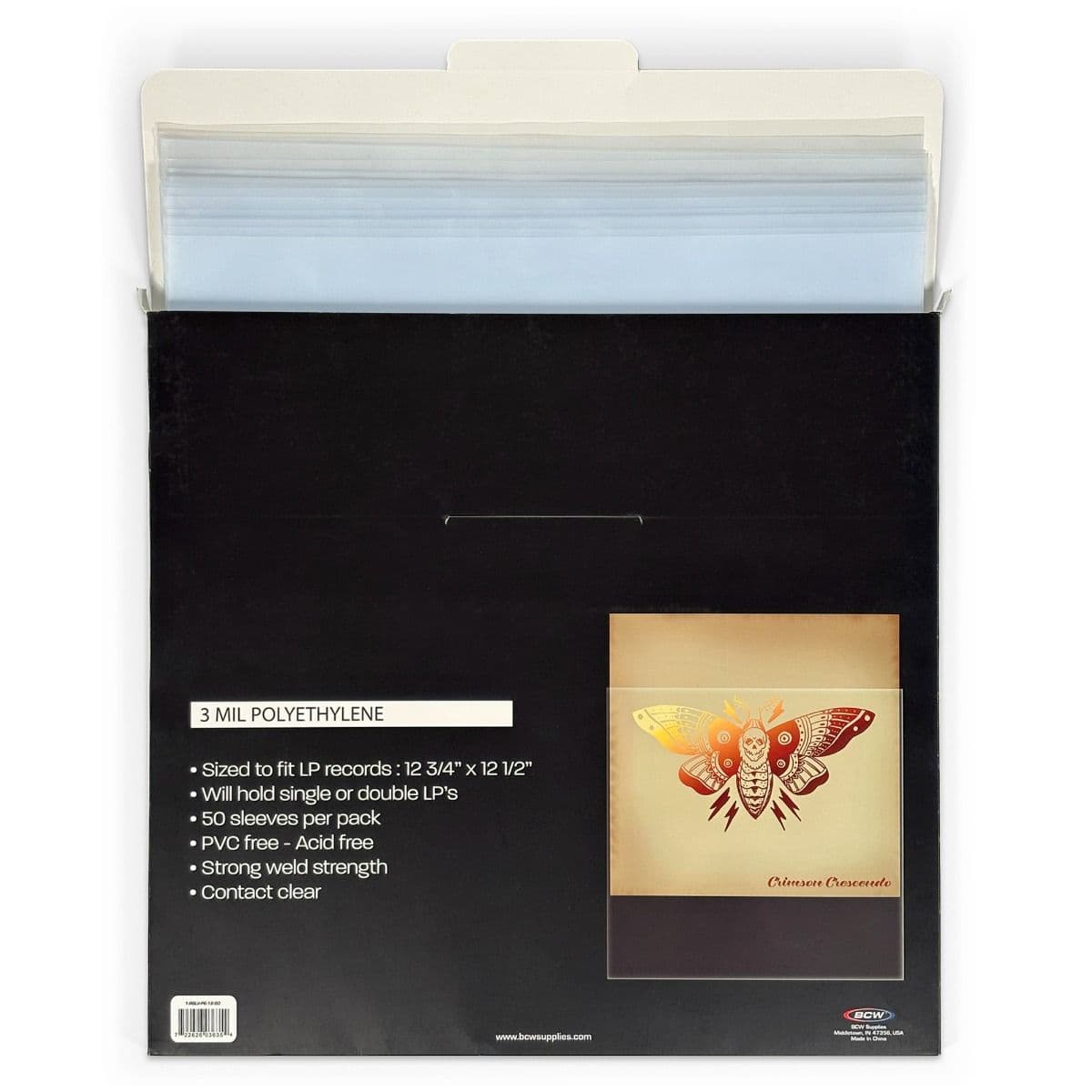 12-Inch Record Sleeves - Polyethylene - 50 Pack back of packaging with sleeves spreading out