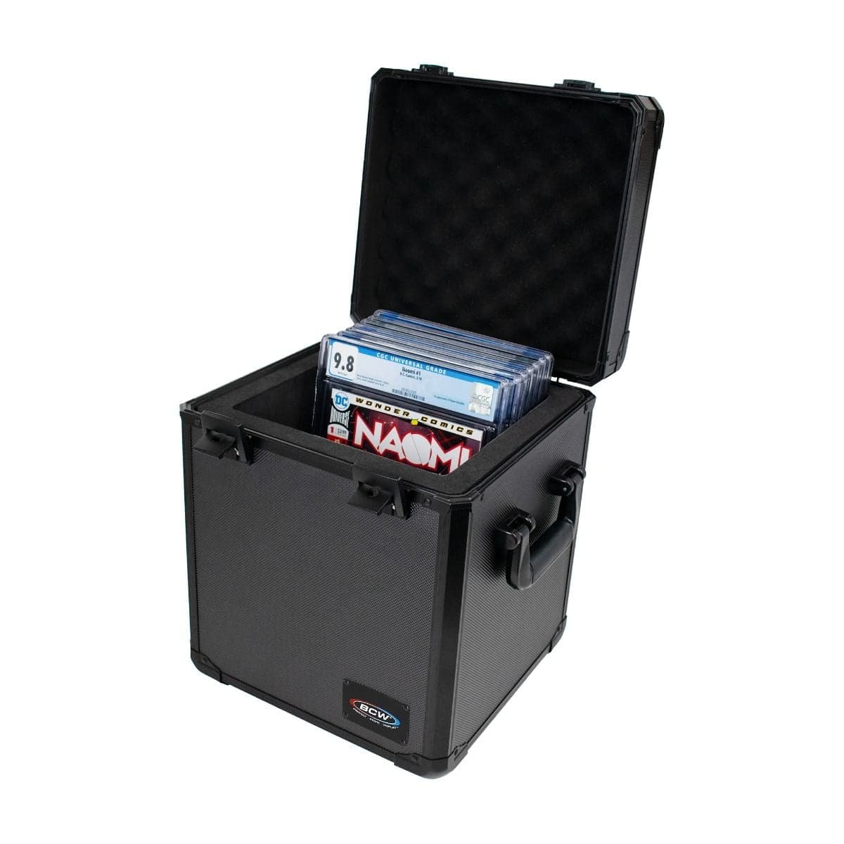 BCW Graded Latching Comic Case - 15 ct. with side handles. open with comic slabs