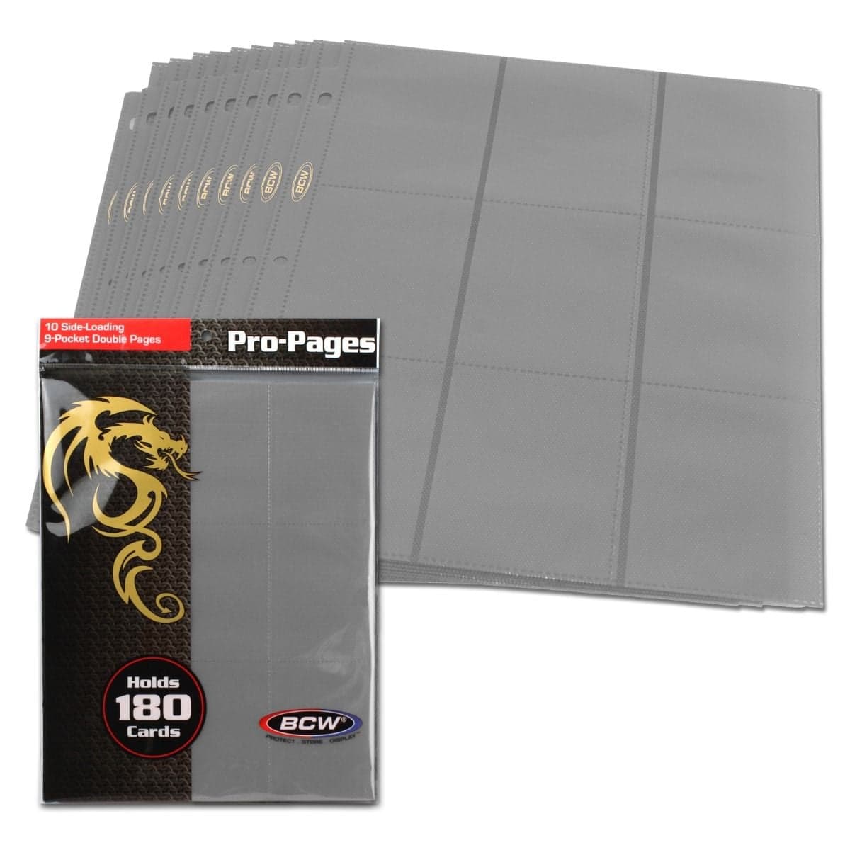 Pack of BCW gray 18-pocket pages over spread of several pages