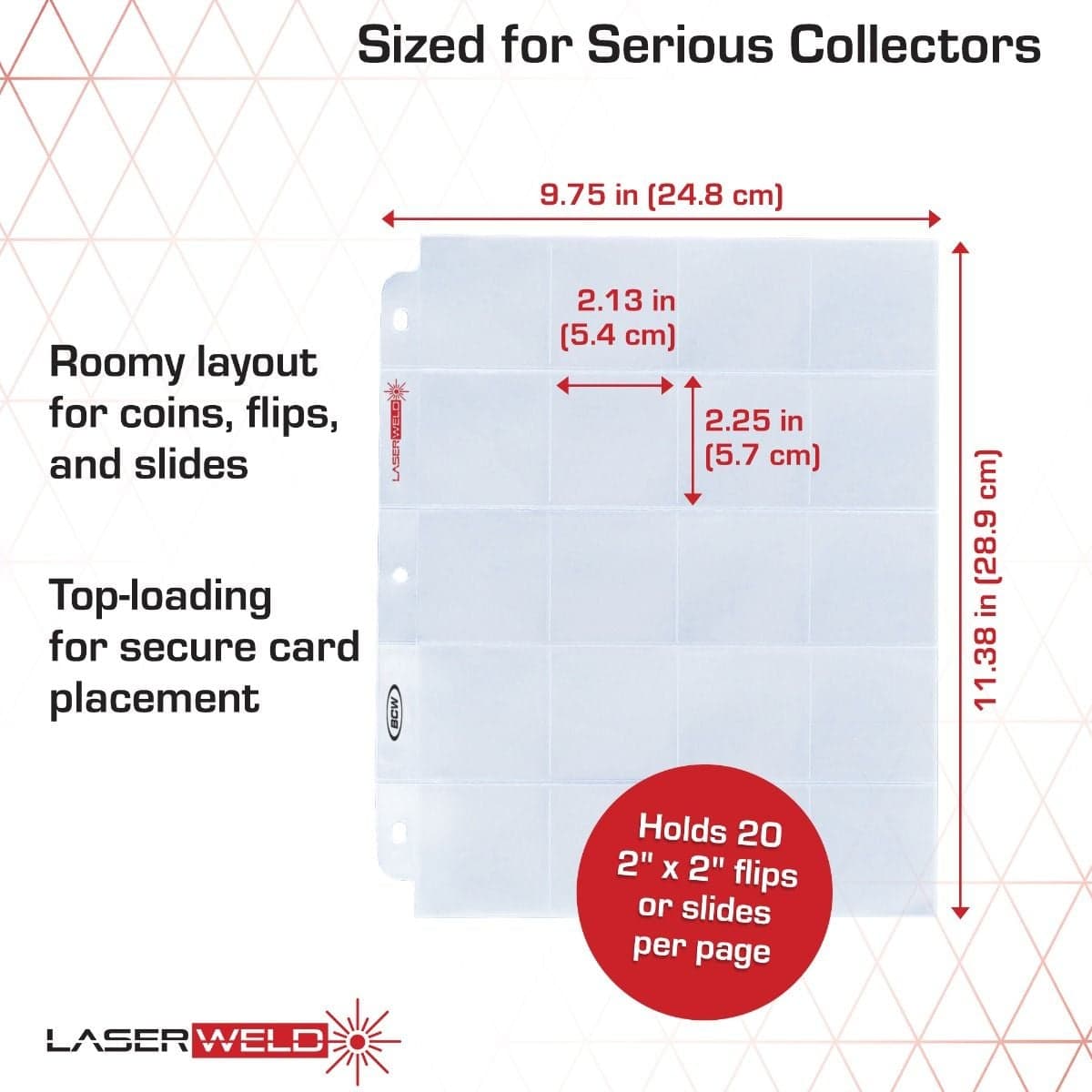 Infographic: BCW LaserWeld 20-pocket coin page with labeled dimensions, roomy top-loading layout for coins, flips, and slides, pocket measurements of 2.13 x 2.25 inches, overall page size of 9.75 x 11.38 inches, and capacity to hold 20 standard 2 x 2 flip