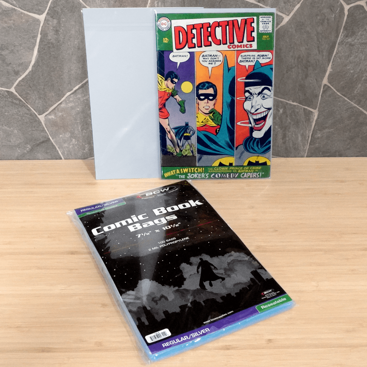 Package of BCW Resealable Silver Age Comic Book Bags with comics displayed in bags