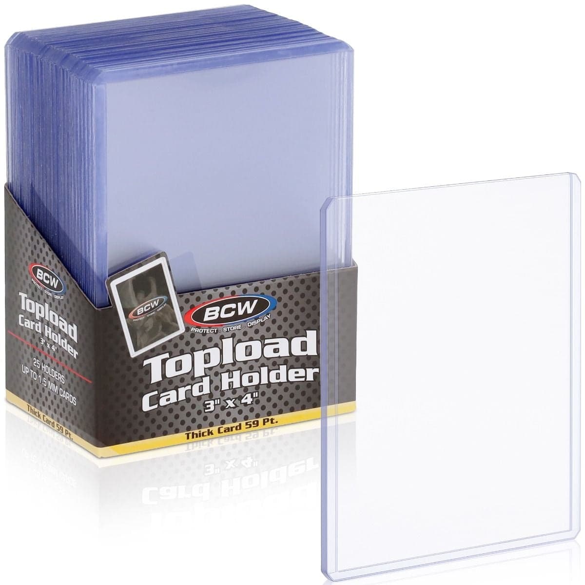 A stack of blue BCW 3" x 4" topload card holders in retail packaging, with one clear rigid holder displayed in front for thick cards up to 59 pt.