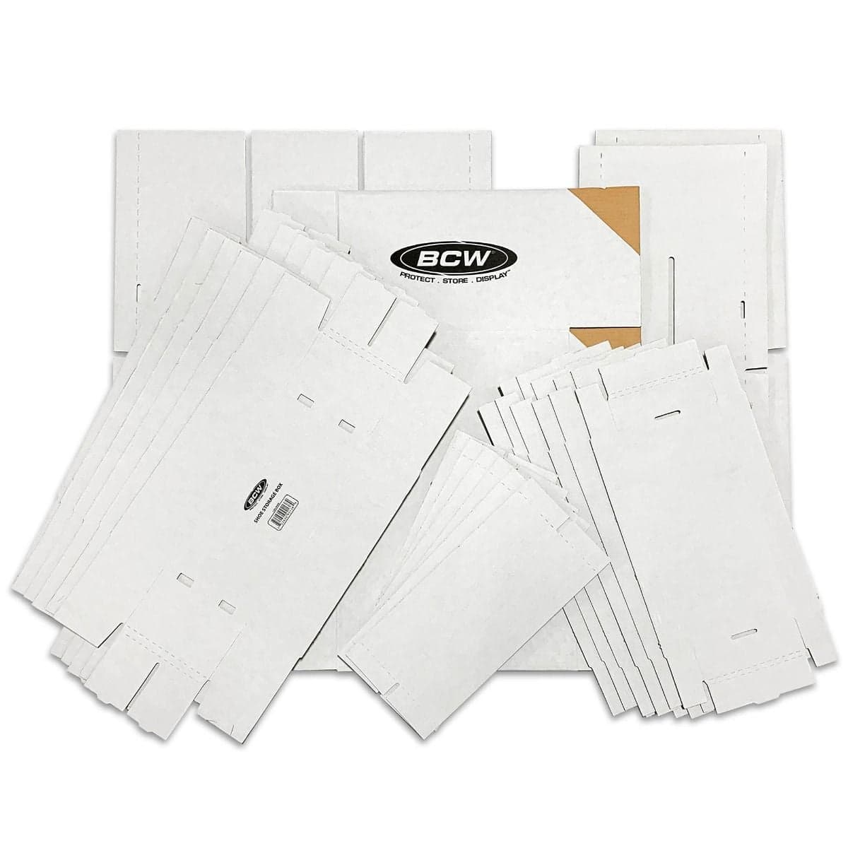 Unfolded BCW 2-row shoe card storage boxes over unfolded shoe box house
