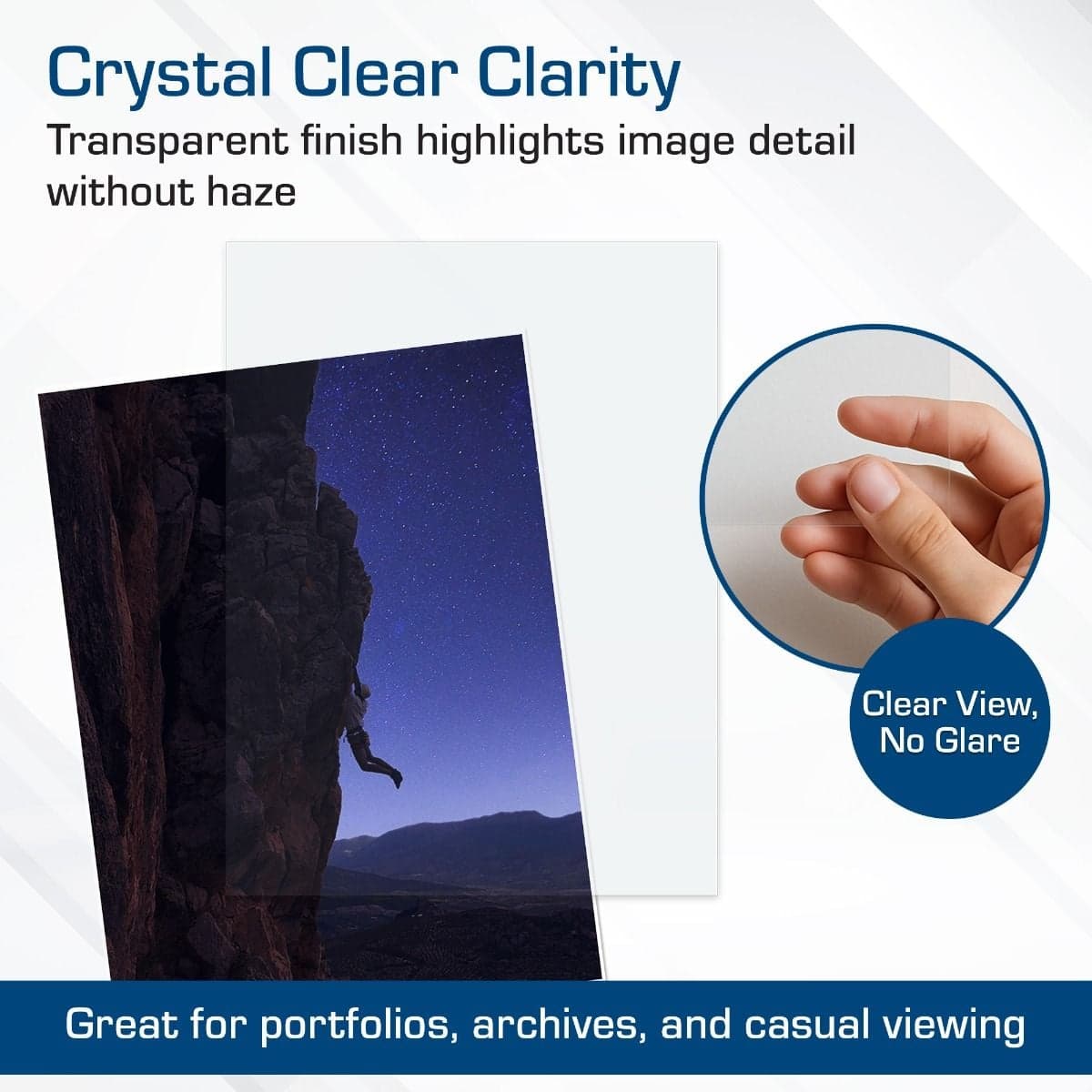 Infographic: Crystal Clear Clarity. Transparent finish highlights image detail without haze.