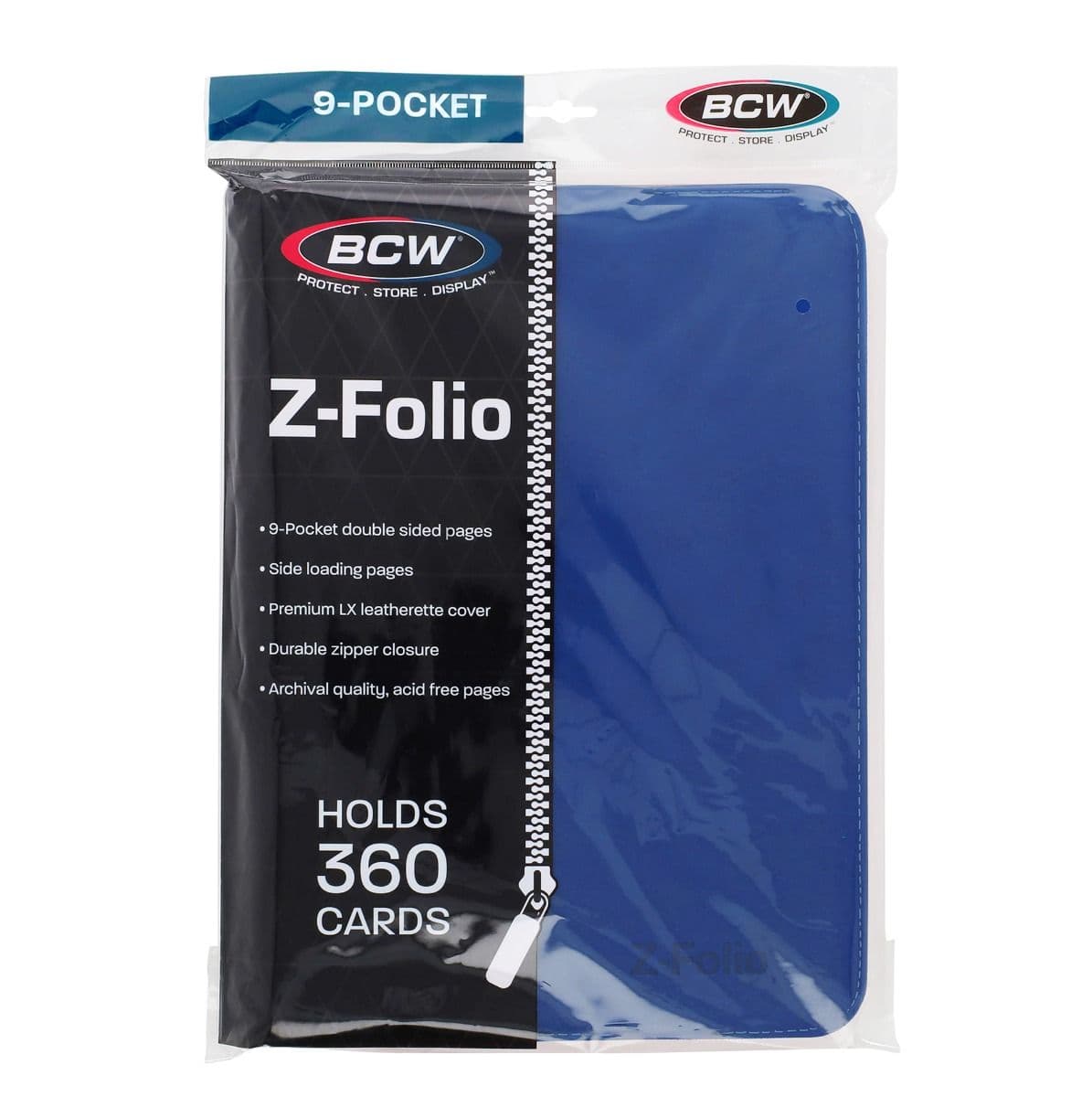 BCW Z-Folio 9-Pocket Album - Blue, front of packaging with binder enclosed.