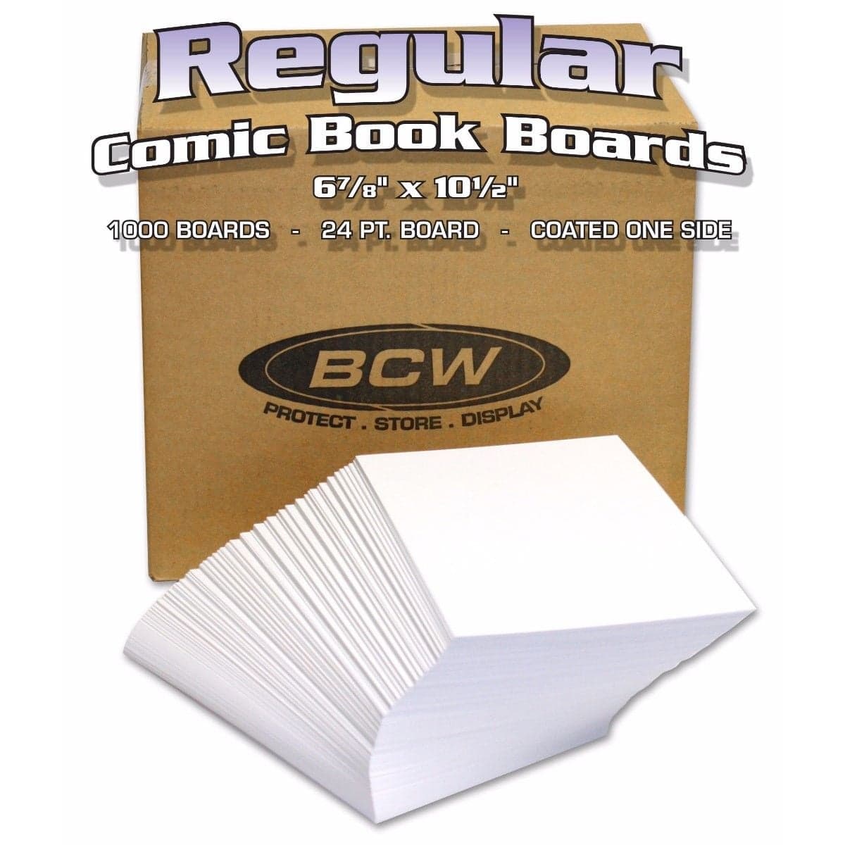 Stack of BCW Regular Comic Boards in front of cardboard box with superimposed text "Regular Comic Book Boards, 6 7/8" by 10 1/2", 1000 boards, 24 point board, coated one side"