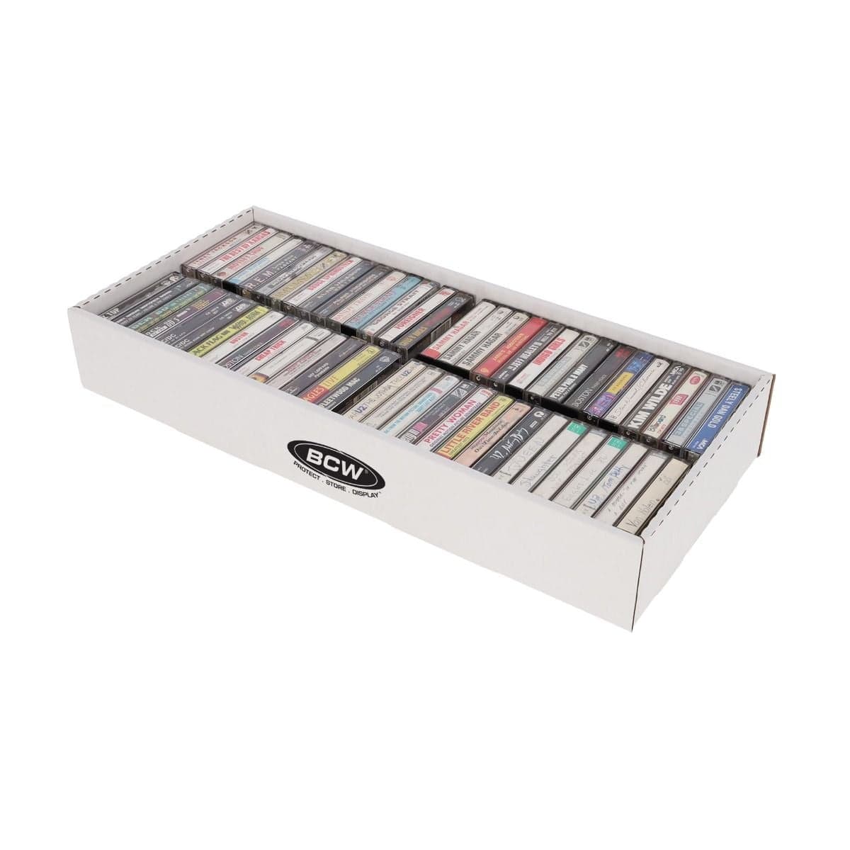 BCW Cassette Tape Storage Box angled and opened with lid removed, revealing a full box of organized cassette tapes.