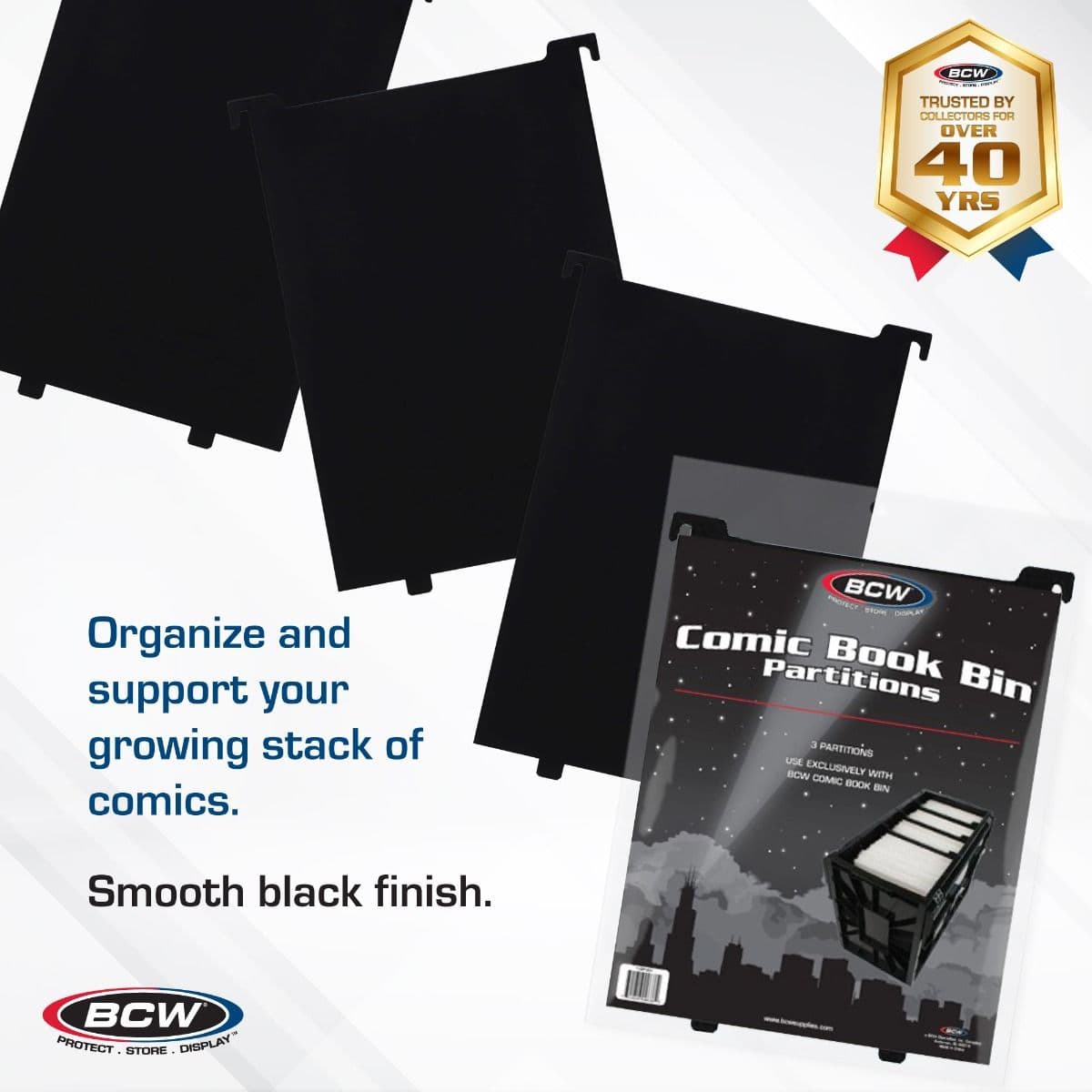 BCW Graded Comic Book Bin Partitions - Black infographic, Organize and support your growing stack of comics. Smooth Black Finish