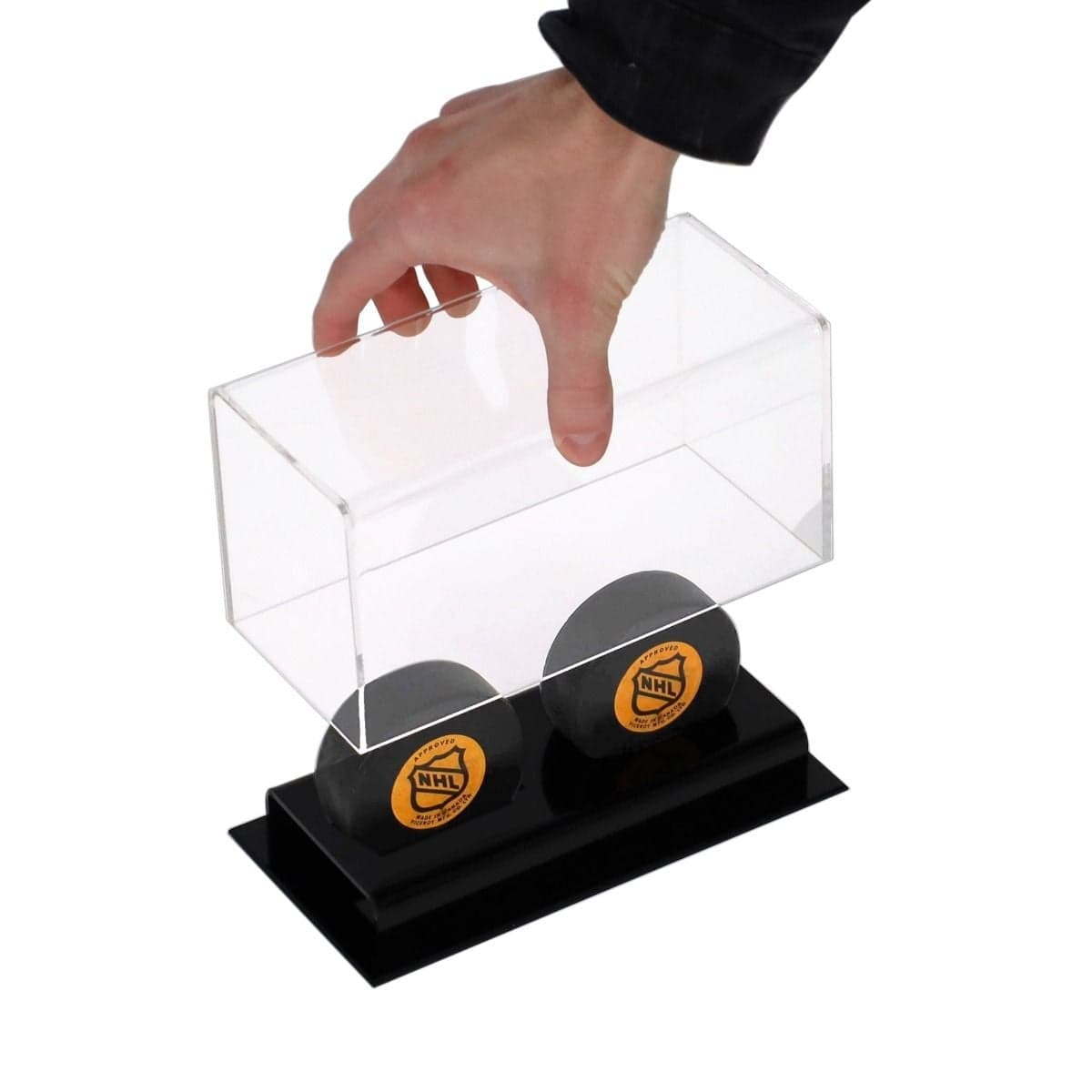 BCW Acrylic Double Hockey Puck Display with two pucks inside lifting lid