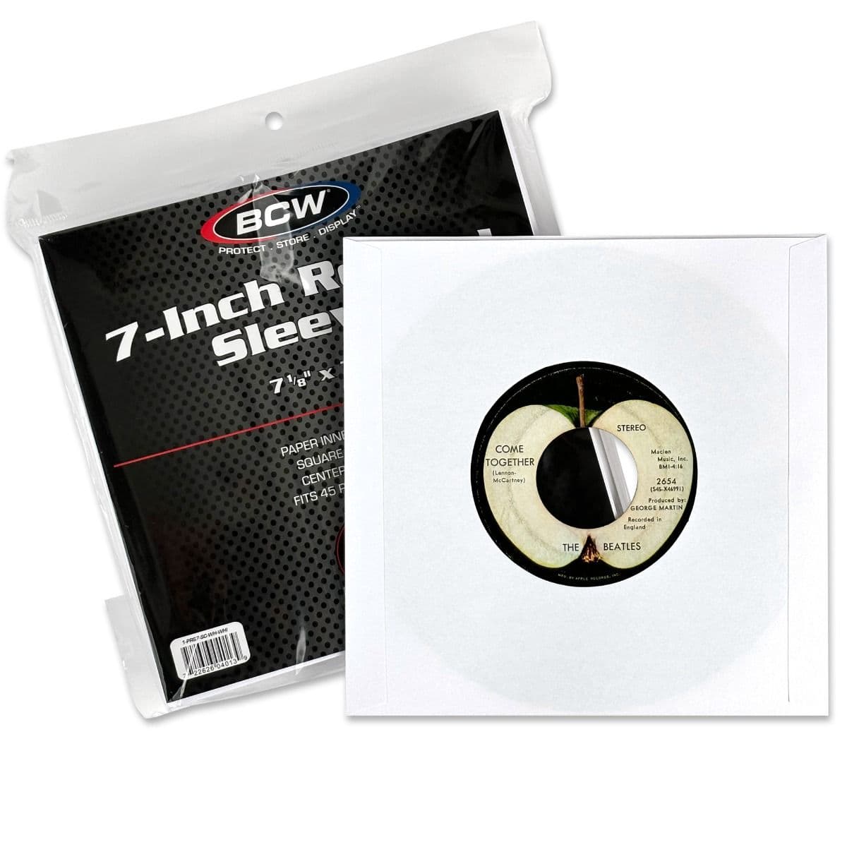 7 Inch Record Paper Inner Sleeves - Square Corners - With Hole - White. group image packaging and record in sleeve