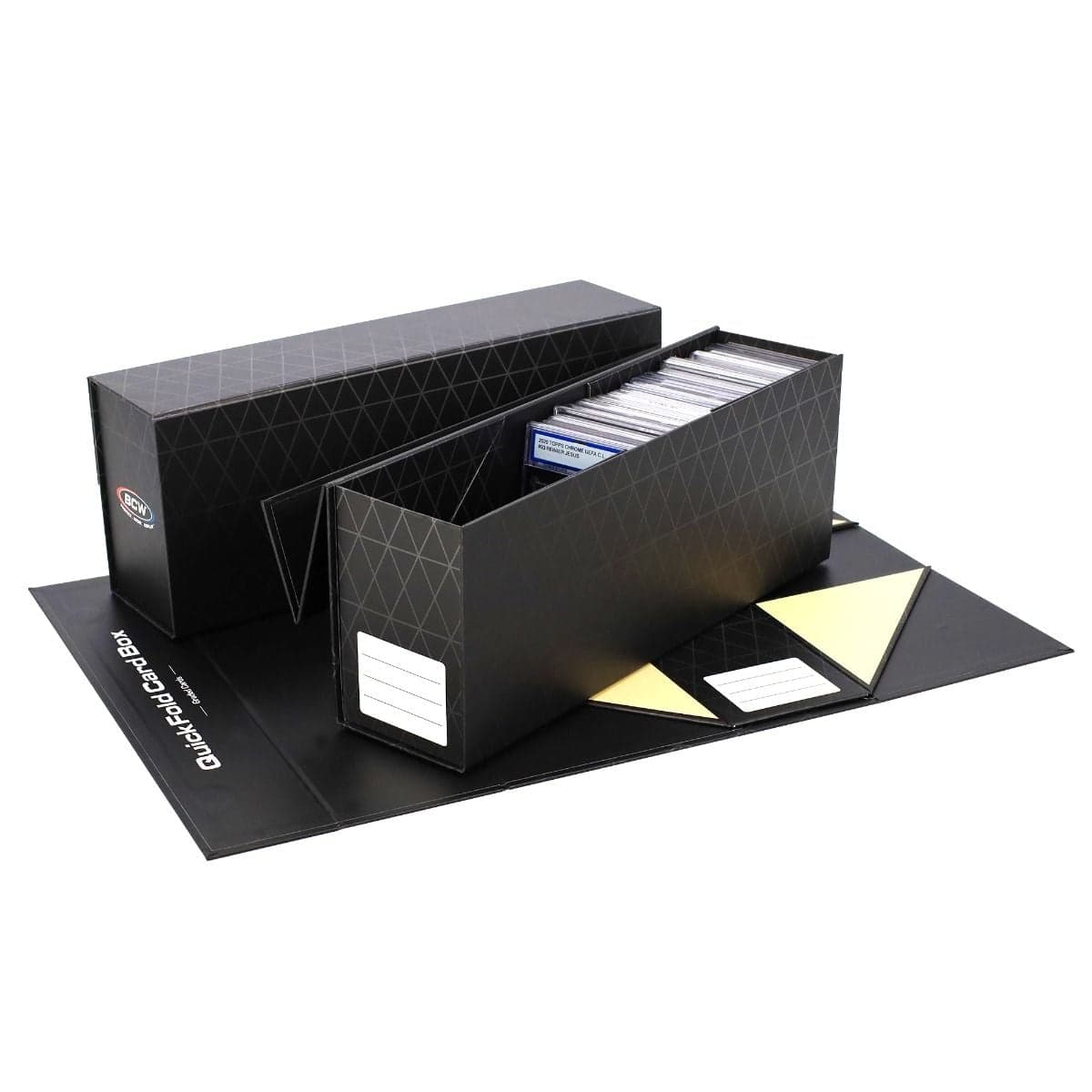 3 Pack QuickFold Card Boxes - Graded Cards group of 3. one unfolded flat, one folded closed, and one folded open with graded cards slabs