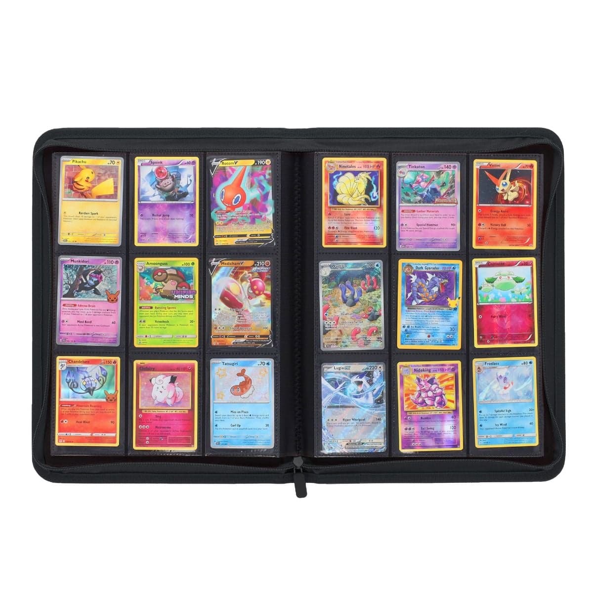 BCW Z-Folio 9-Pocket Album - Black, inside view of middle fold of binder, full of pokemon cards to showcase it's storage capabilities