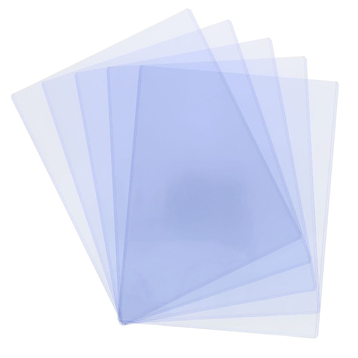 Fanned stack of clear BCW 9x12 rigid top loaders designed for protecting and displaying oversized prints, photos, and documents.
