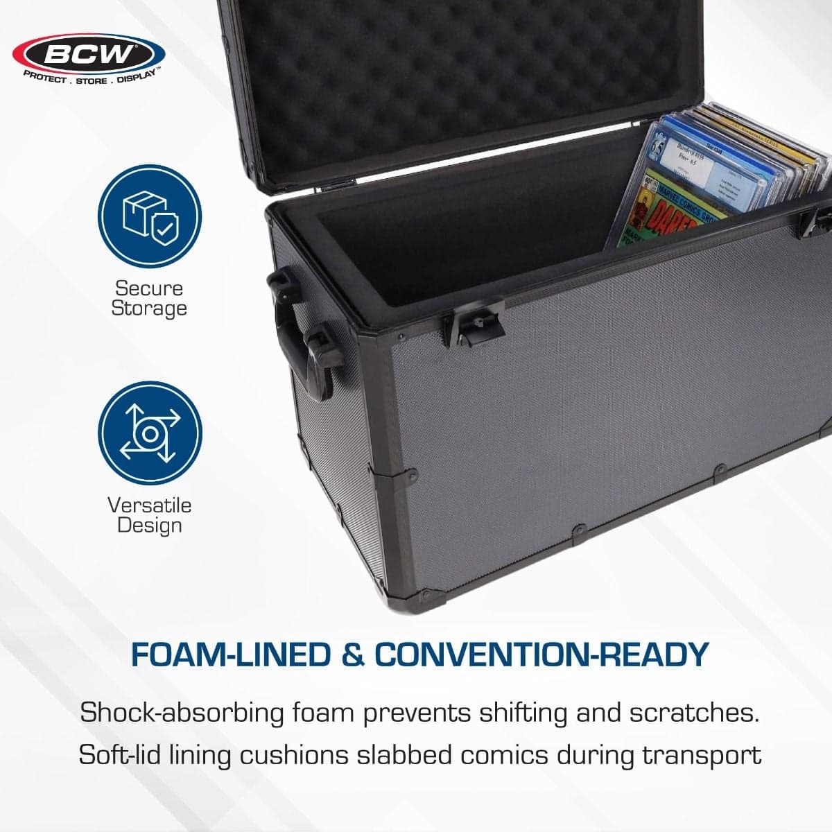 Infographic: Foam-lined & Convention-ready. Shoch absorbing foam prevents shifting and scratches. Soft-lid lining cushions slabbed comics during transport.