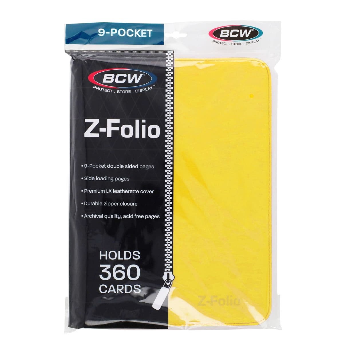 BCW Z-Folio 9-Pocket Album - Yellow, front of packaging with binder enclosed.