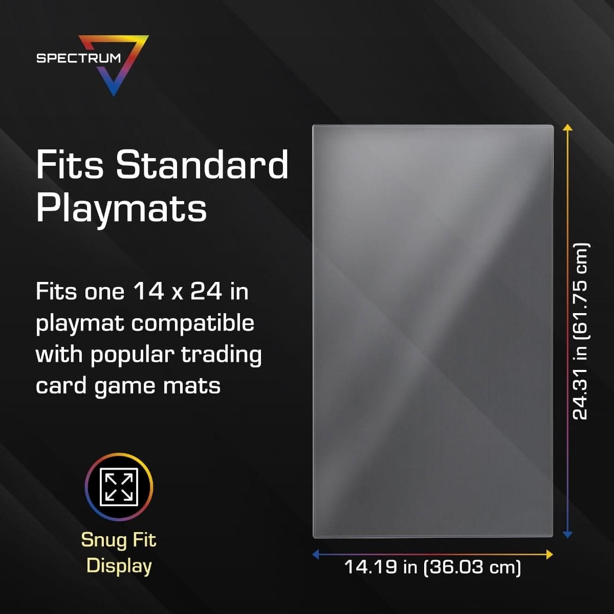 Infographic: Spectrum playmat toploader sized to fit one standard 14 x 24 inch trading card game playmat with a snug clear display design measuring 24.31 x 14.19 inches.