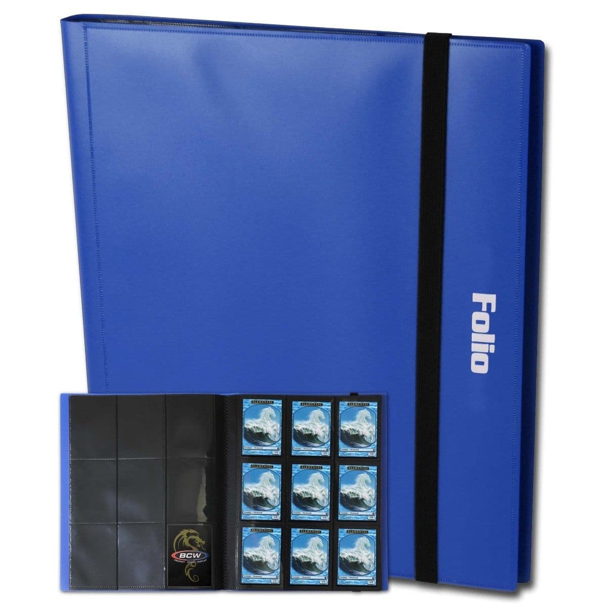 One blue BCW 9 pocket folio with a smaller image of the folio open with cards inside.