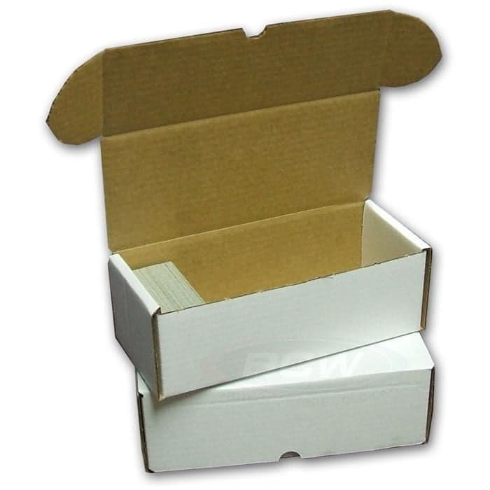 2 BCW 500 count boxes, one closed, one open partially filled with cards