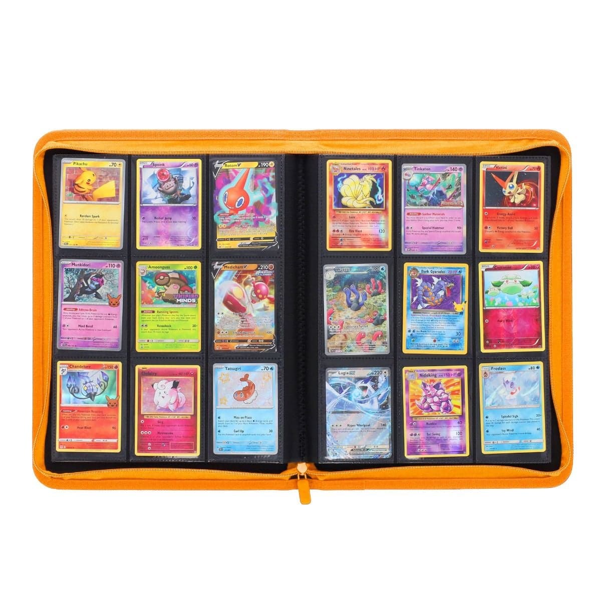 BCW Z-Folio 9-Pocket Album - Orange, inside view of middle fold of binder, full of pokemon cards to showcase it's storage capabilities