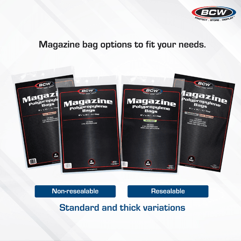 Infographic: BCW magazine polypropylene bags are available in non-resealable and resealable styles with standard and thick variations to fit different storage and protection needs.