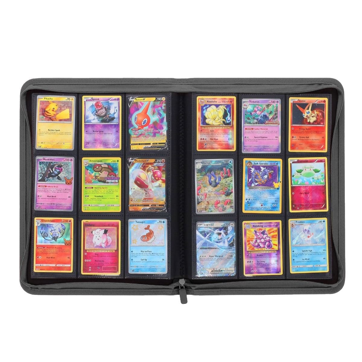 BCW Z-Folio 9-Pocket Album - Gray, inside view of middle fold of binder, full of pokemon cards to showcase it's storage capabilities