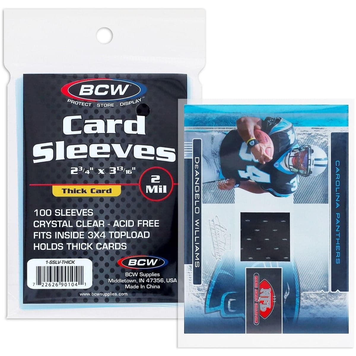 BCW 2 Mil Thick Card Sleeves package shown next to a football trading card, highlighting crystal-clear acid-free protection for thick cards and compatibility with 3x4 toploaders.