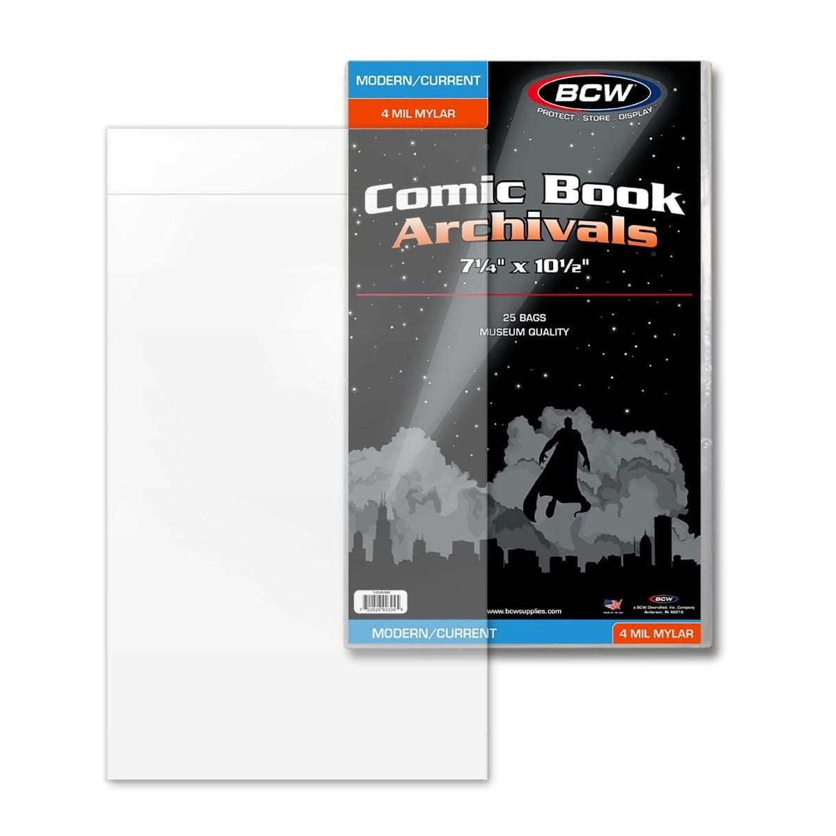 BCW Current/Modern Comic Mylar Archivals - 4 MIL. 50 bags packaging with single bag on display