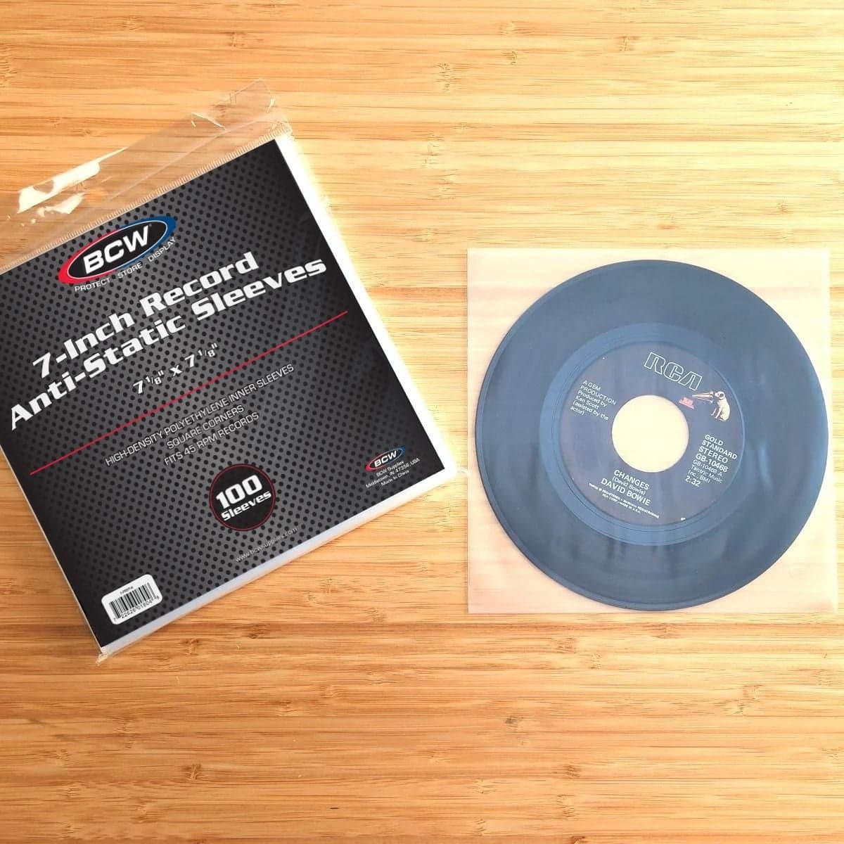 Package of BCW 7 Inch Record Inner Sleeve - Anti-static next to record inside 7 Inch Record Inner Sleeve - Anti-static