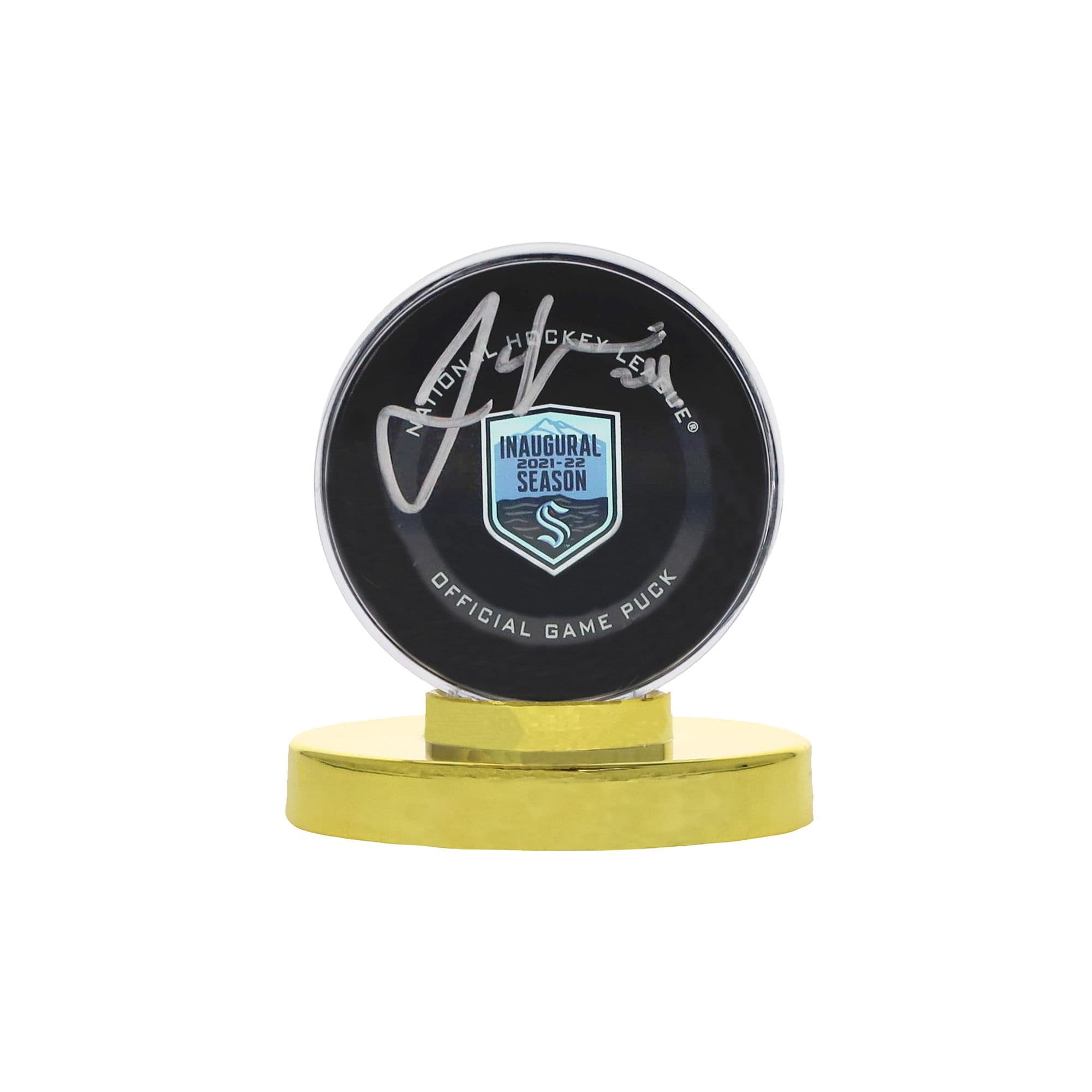 BCW Gold Base Puck Holder with puck inside front
