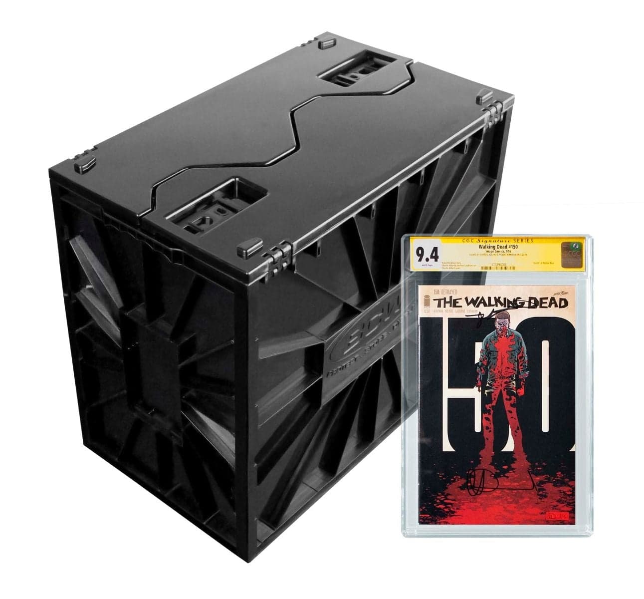 Assembled BCW graded comic book bin next to a graded issue of The Walking Dead