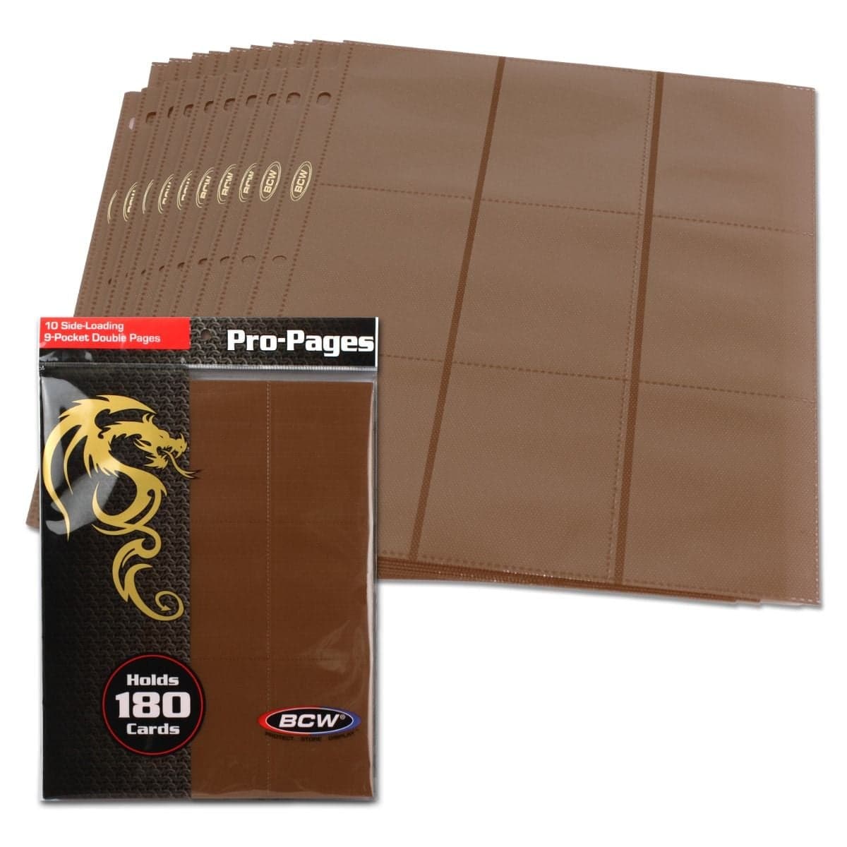 Pack of BCW brown 18-pocket pages over spread of several pages