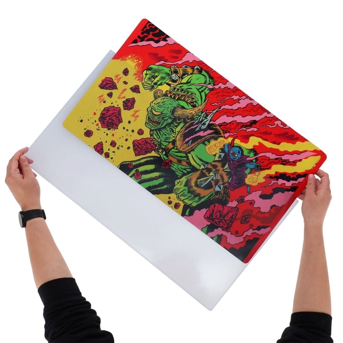 Spectrum 24x14 - Playmat Topload Holder, hand inserting playmat into the topload holder.