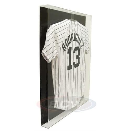 Angled picture of BCW Acrylic Large Jersey Display - Black Back with jersey inside