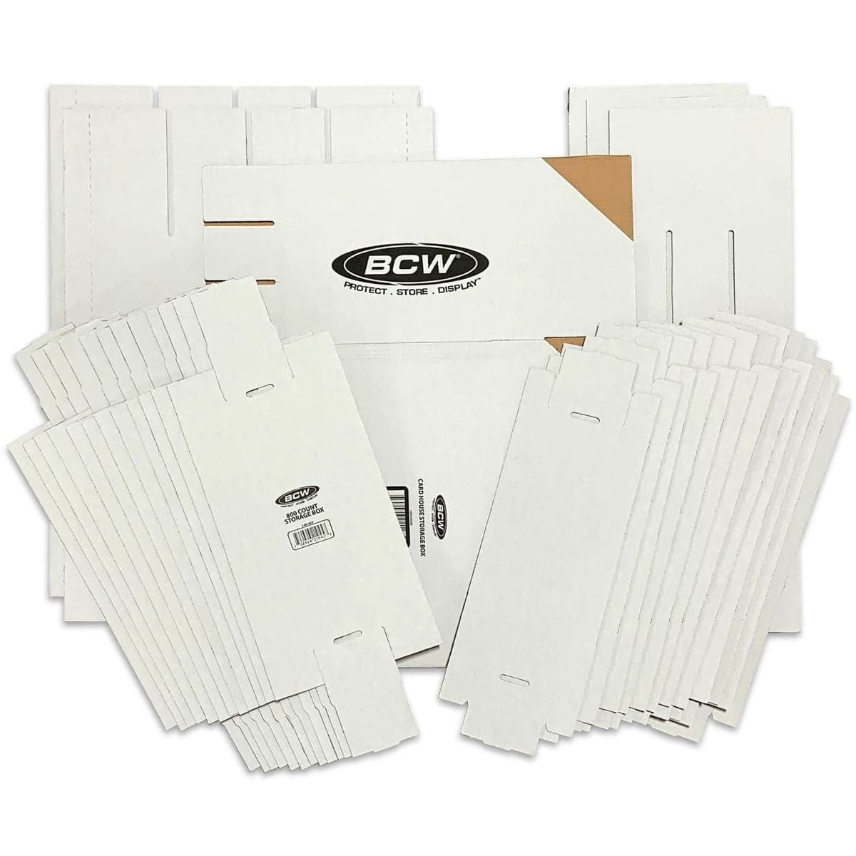 Spread of unfolded BCW 2-piece 800 count boxes over unfolded card house