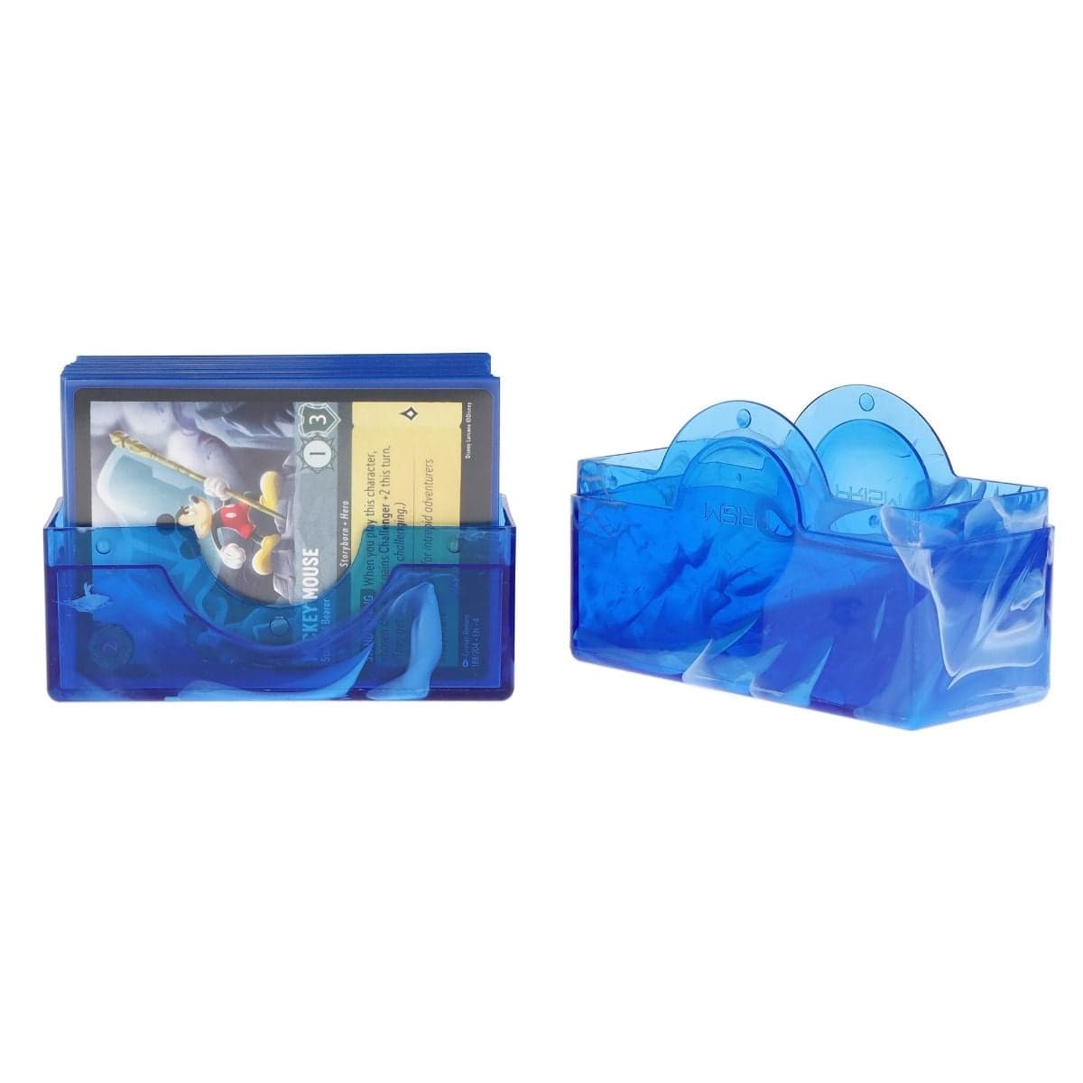 Spectrum Prism Deck Case - 50 CT - Apatite Blue, open and showcasing a deck of Lorcana cards.