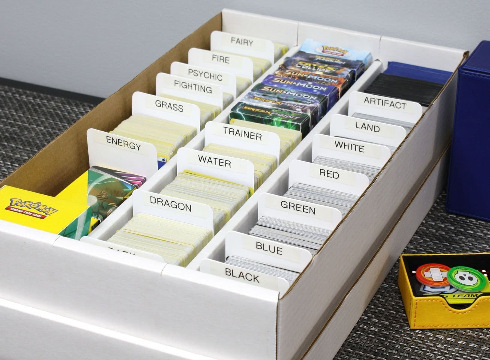 BCW super shoe box with Pokemon cards sorted with BCW tall card dividers