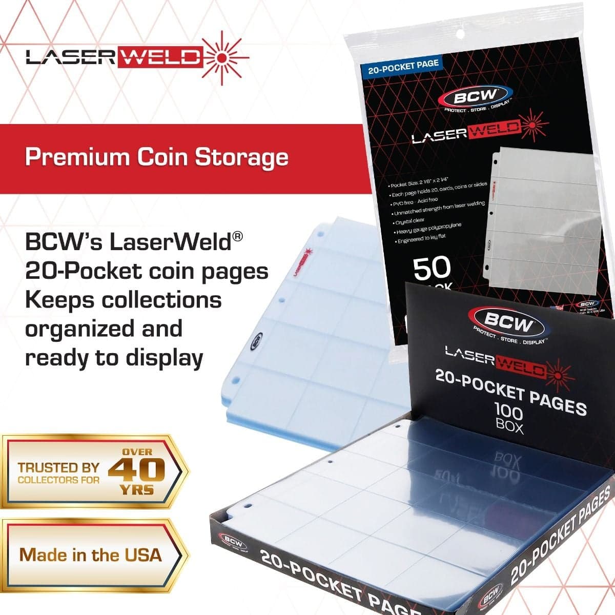 Infographic: BCW LaserWeld premium 20-pocket coin storage pages with crystal-clear PVC-free polypropylene pockets, retail packaging, and display box, highlighting organized coin collection storage, over 40 years of collector trust, and Made in the USA qua