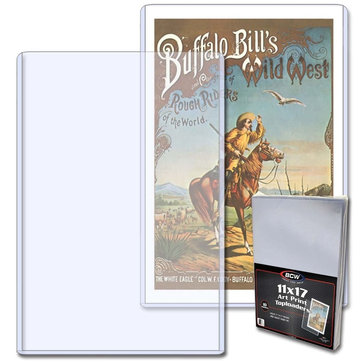 Two BCW 11x17 - Art Print Topload Holders behind package of BCW 11x17 - Art Print Topload Holders