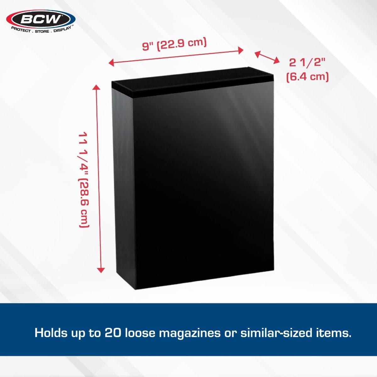 Infographic: BCW StorFolio binder with labeled dimensions and capacity, showing a compact storage solution that holds up to 20 loose magazines, gaming books, manuals, or similar-sized items.