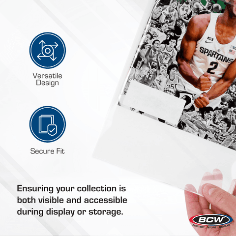Infographic: BCW magazine polypropylene bags feature a versatile design with a secure fit that keeps collectibles visible and protected during display or storage.