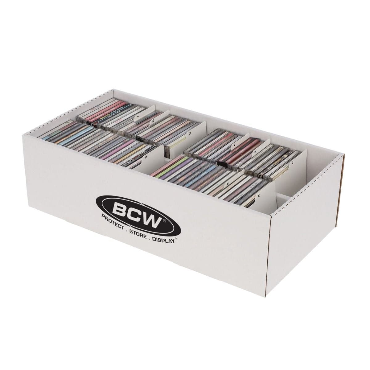 BCW CD Storage Box, angled with lid off, revealing a full box of organized CDs.