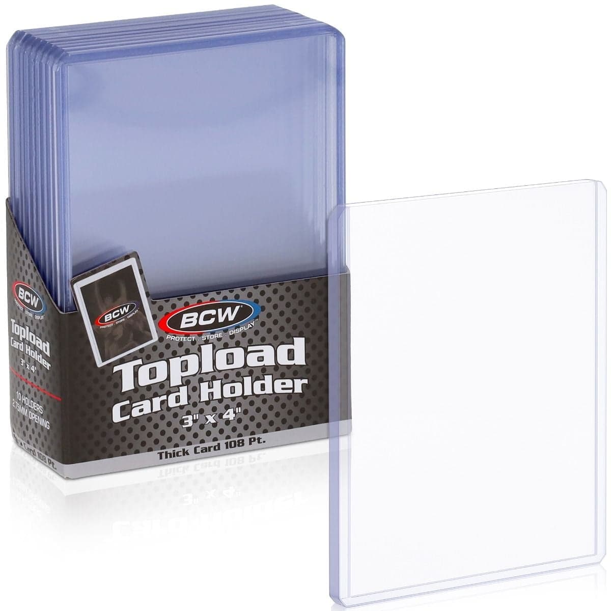 BCW 3x4 top load card holders for 108-point thick trading cards, with one clear rigid holder displayed in front of the packaging