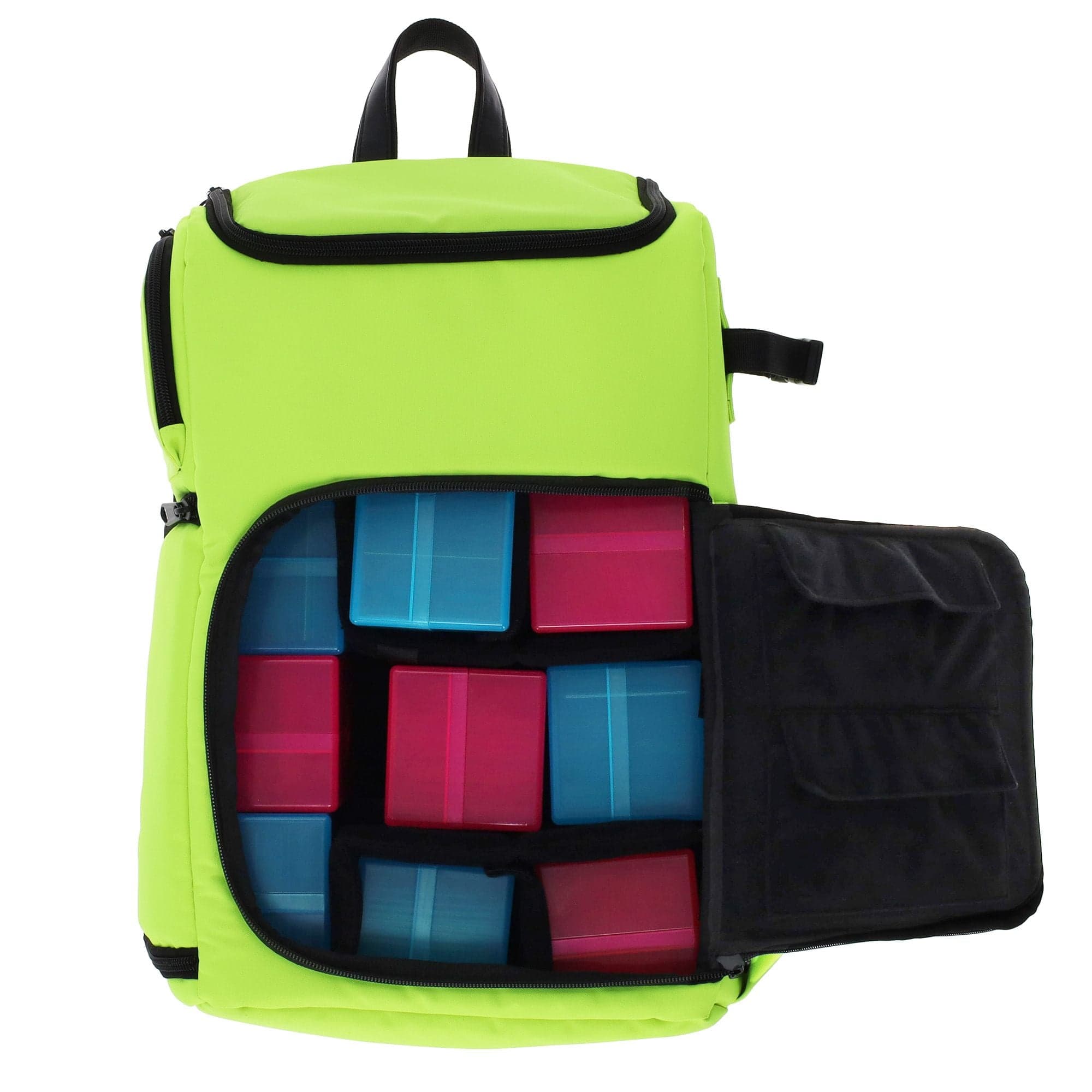 Green Spectrum TCG Backpack shown open, displaying the configurable interior compartments filled with colorful card deck boxes in blue and pink. The right side of the backpack flap has additional pockets for accessories or smaller items.
