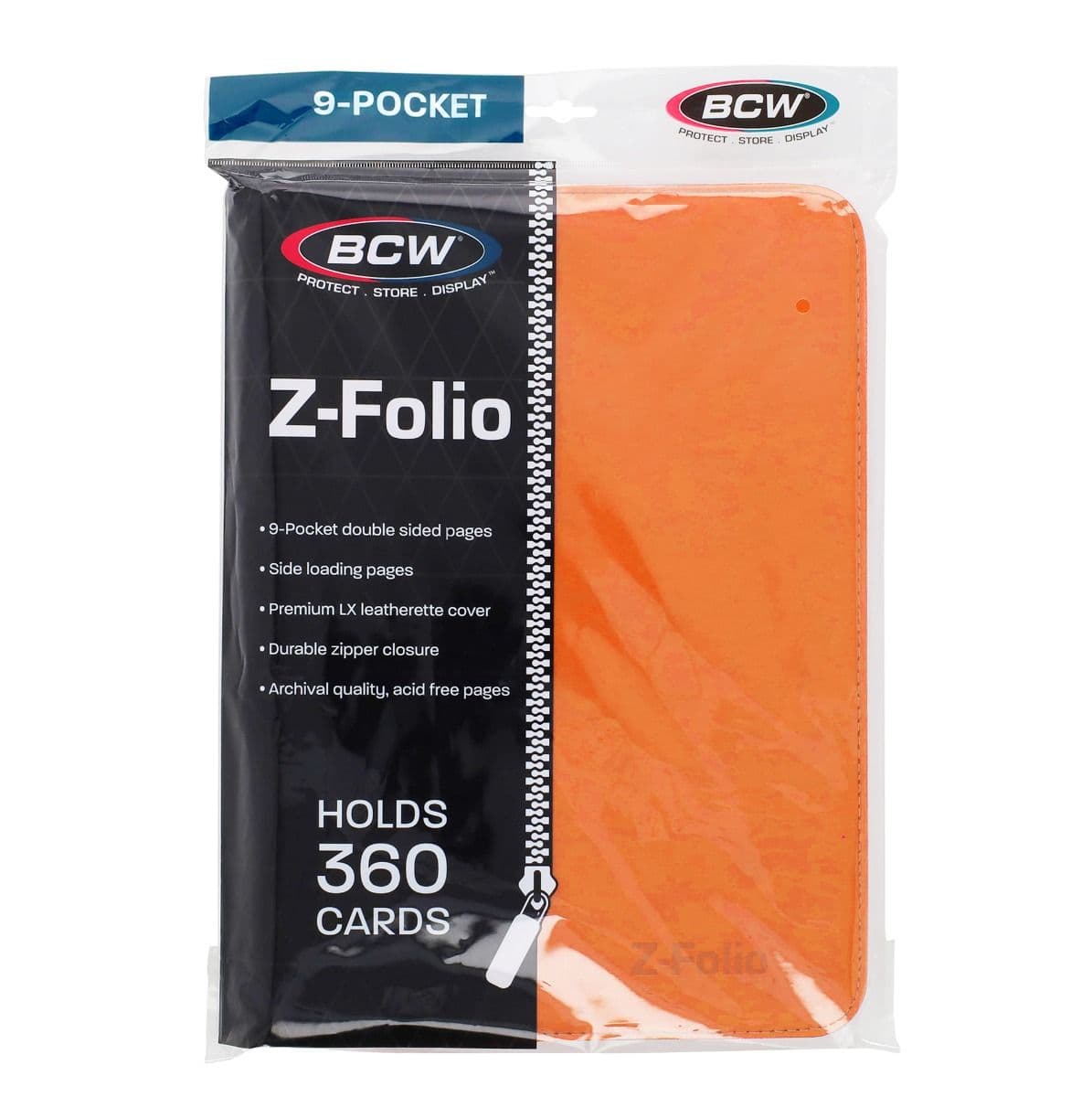 BCW Z-Folio 9-Pocket Album - Orange, front of packaging with binder enclosed.